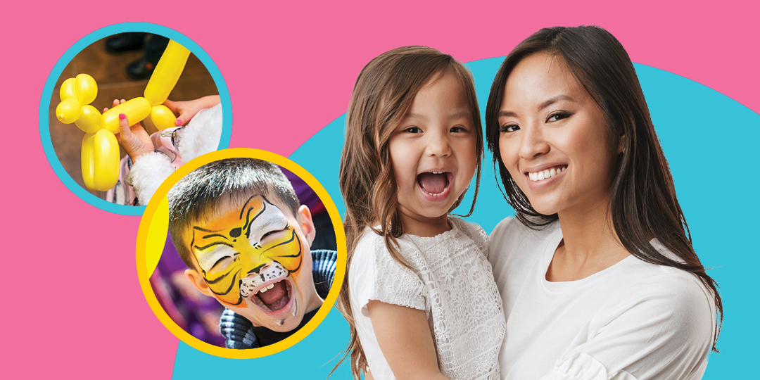 Montage of mother with her daughter, balloon animal and child with painted face