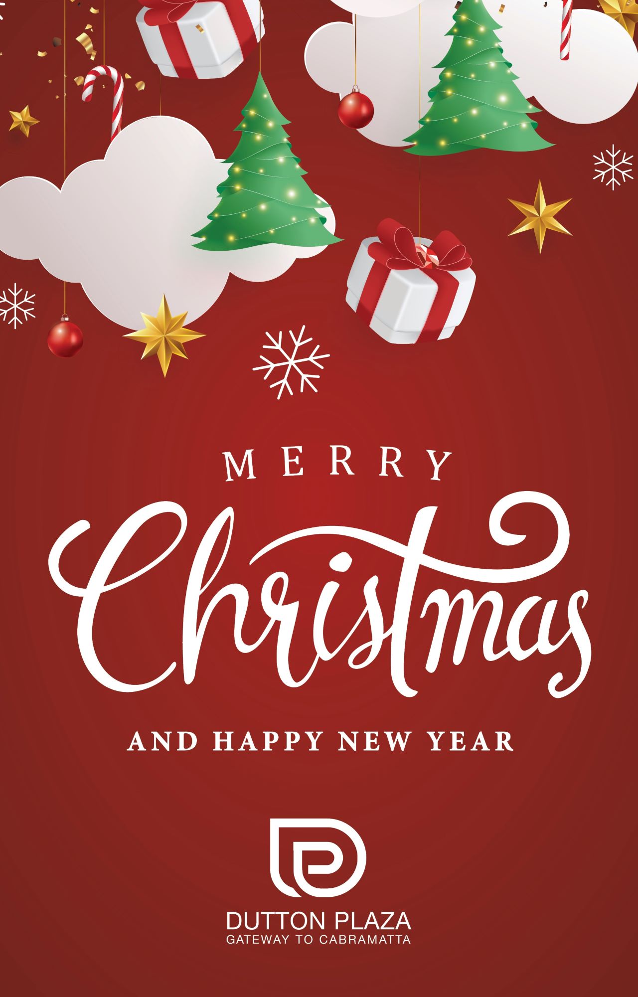 Red Christmas poster featuring stars, snow flakes, wrapped gifts and Christmas trees above text which says Merry Christmas and happy new year