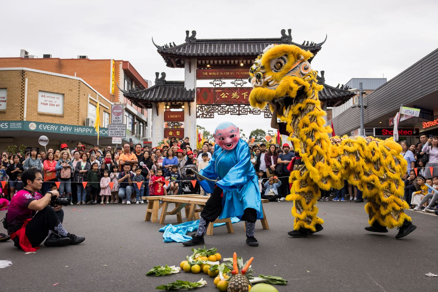 A yellow dancing lion and the god of the earth with some food